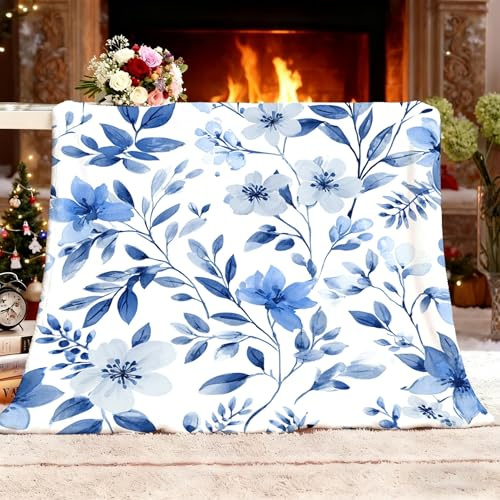 Personalisierte Decke mit Foto 180x200 cm Sherpa Decke Botanisches AquarellgemäLde Warme Dicke Kuscheldecke Flauschig Blau Und Weiß Sofadecke Couchdecke Winterdecke, Wohndecke Wohn- & Kuscheldecken