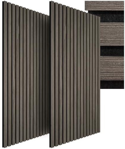 tectake® Set of 2 Acoustic Wall Panels with Real Wood Veneer Slats & MDF, Sound-Absorbing Wall Panelling with Customisable Size & Easy Installation, Acoustic Panels for Home & Office - Grey Oak