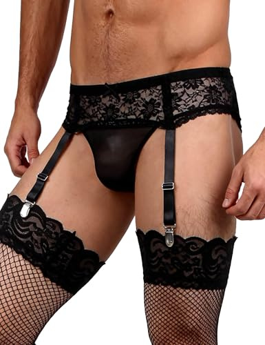 comeondear Liguero para Hombre de Encaje con 4 Tirantes Ajustables para Medias, Lenceria Sexy de Cintura Baja con Arnés Elástico, Ropa Interior de Malla Estilo Gótico Talla Grande S-XL