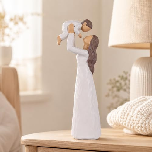 Mor och son statyett, handmålad mamma som lyfter pojke hartsstaty, sentimental för mormor, konstnärlig heminredning för kaminhylla, barnminne (vit)