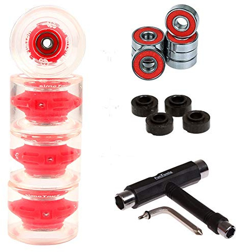FunTomia 4 Stück (LED) Longboard/Skateboard Rollen (Big Wheels) in 70x51mm inkl. ABEC-9 Kugellager und Magnet Spacer 80A Rollenhärte + T-Tool