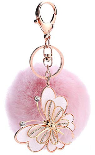 Canarea Schlüsselanhänger plüsch ball Taschenanhänger strass bommel Keychain Elegant Plüsch-Kugel Auto-Anhänger Pompom Weich Schlüsselring Schmetterling mit Strass Perle Geburtstagsgeschenk (Pink)