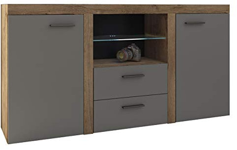 Mirjan24 Kommode Rango mit Glasboden, Highboard Sideboard, Anrichte, Naturtöne, Mehrzweckschrank, Wohnzimmerschrank, Anrichte, Schrank (ohne Beleuchtung, Lefkas Eiche/Graphit)