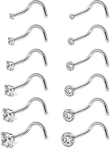 Ruifan 12PCS 18G 316L Surgical Steel 1.5mm 2mm 2.5mm 3mm 3.5mm 4mm Clear Round Diamond Cubic Zirconia Crystal Nose Screw Studs Rings Piercing Jewelry - Silver