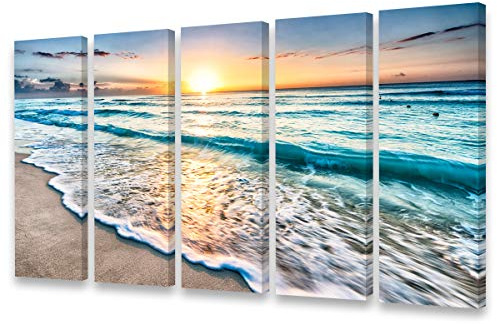 S02258 Canvas Prints Wall Art Beach Sunset Ocean Nature Pictures Stretched and Framed Blue Waves Paintings on Canvas for Living Room Bedroom Home Office Decorations Wall Décor 12x32inch x5pcs