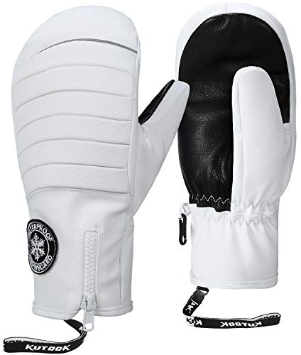KUTOOK Guantes Manoplas Esquí Invierno De Piel Cuero con 3M Thinsulate, Guantes Snowboard Hombre con Membrana Impermeable De TPU, Guantes De Nieve Guantes Ski(Blanco,XS)