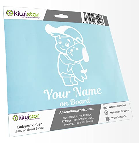 Babyaufkleber - Weiß - Junge Hund Cappy Sticker - mit Wunschtext individuell personalisiert + on Board 15cm - für Auto, Motorrad, Fahrrad, Tuning