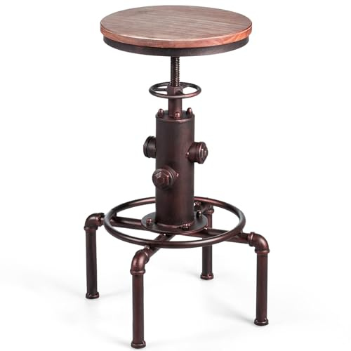 COSTWAY barstol höjdjusterbar, 59,5–75 cm, barstol av trä och metall, diskpall med fotstöd, tallplatta, vintage bistropall, industripall kökspall för restauranger, kaféer