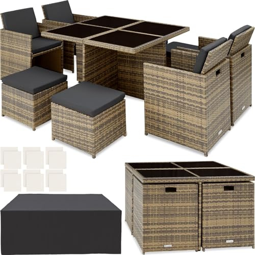 tectake® Conjunto Jardín Exterior de Ratán y Aluminio, Muebles Jardín Exterior Resistentes a la Intemperie, para hasta 8 Personas, con 2 Juegos de Fundas y Funda Protectora - Natural