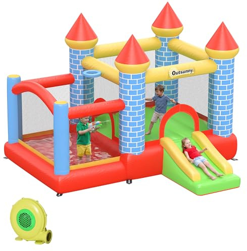 Outsunny Kids Bouncy Castle House Inflatable Trampoline Slide Water Pool Basket 4 in 1 with Blower for Kids Age 3-8 Castle Design 2.8 x 2.6 x 2.1m, Indoor Outdoor