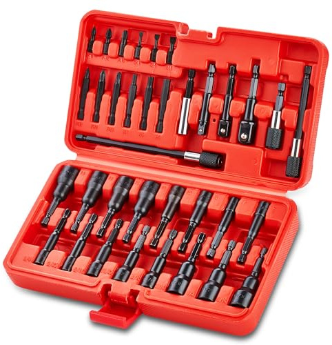 AKM TOOL 35PCS Magnetic Nut Driver Set, Nut Driver Set for Impact Drill, 1/4 Quick-Change Hex Shank | SAE & Metric | Cr-V Steel, Magnetic Screwdriver Bit W/Drill Bit Extension & Drill Bit Adapter