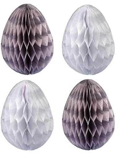 12 Ostereier aus Seidenpapier zum Aufhängen und Dekorieren - Größe 7 cm inkl Band - ideale Osterdekoration für Sträucher und Äste - wiederverwendbar - Grau-Weiß - Set 3
