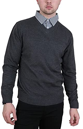 Enzo Moretti Jersey de punto para hombre con cuello de pico, 100% algodón, con aplicación en cuello camisero, Gris Jaspeado