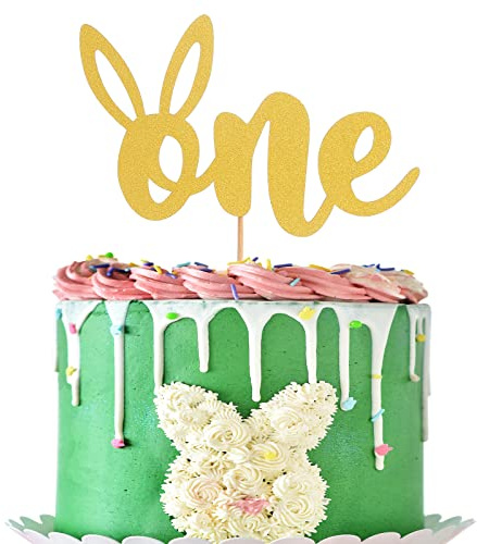 Gold One Birthday Cake Topper - Gold Glitter Rabbit Birthday Decoration Supplies, Baby 1st Birthday Cake Topper, Bunny Ear Easter First Birthday Party Decorations, Cake Smash Photo Prop (gold19)