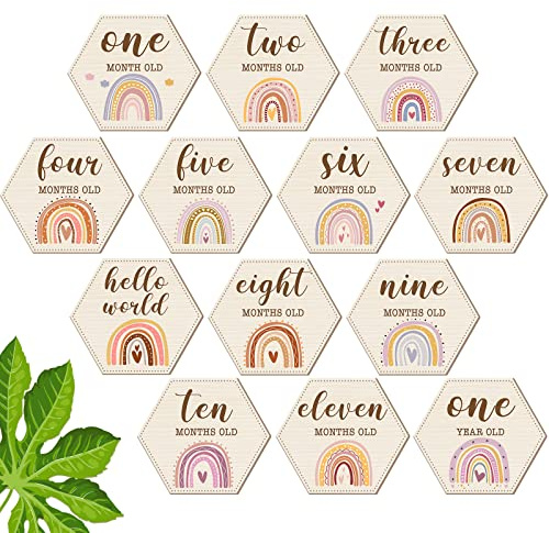13 Stücke Holz Baby Meilensteinkarten Baby Monatliche Meilenstein Zeichen Scheiben Boho Regenbogen Doppelseitig Gedruckt Marker Holz Geschenk Foto Requisiten Scheiben Sets Geburt Ankündigung Zeichen
