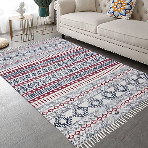 Baumwoll-Dhurrie-Teppich, handgefertigt, handblockbedruckt, Boho-Kelim, Innenbereich, Heimbüro, Dekoration, Teppich, flach, gewebt, für Küche, Treppe, Eingang 150 x 150 cm (5 x 5 Fuß im Quadrat)