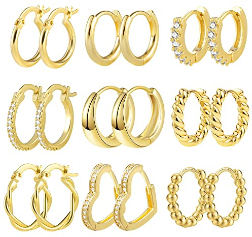ALEXCRAFT Guld örhängen Set, 9 par 14k äkta guldpläterade Hoop Örhängen Små för kvinnor, Multipack Hoop Örhängen med AAA+ Zirconia Twist Heart Hypoallergen piercing brosk för flera öronhål