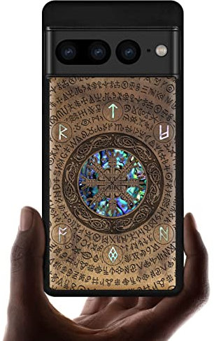 Carveit Designer Wooden Case for Google Pixel 7 Pro Case Cover [Wood Engraving & Shell Inlay] Unique Wood Phone Case Compatible with Wireless Chargers Pixel 7 Pro Case (Viking-Walnut)