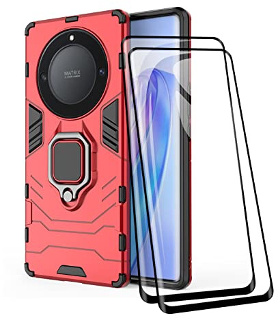 TEYYOS Funda + [2 Piezas] Protector de Pantalla para Honor Magic5 Lite 5G/Magic 5 Lite, TPU/PC Antigolpes Armor Protección Carcasa [360° Soporte] con 9H Dureza Vidrio Templado Protector, Rojo