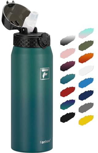 Fanhaw 750ML Edelstahl isolierte Sportwasserflaschen mit Strohhalm für Schule, Kinder, Männer und Frauen (Grün Blau)