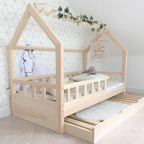 Hausbett 160x200 Mit Rausfallschutz Naturholz - Bell Nuo - Kinderbett mit Bettkasten - Kinderbett mit Lattenrost - Stabiles Rausfallschutz Bett für Kinderzimmer