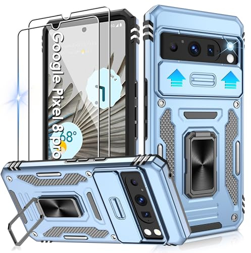 Jshru for Google Pixel 8 Pro Case with Screen Protector [2 Pack] and Slide Camera Cover,Pixel 8 Pro Case with Ring Kickstand,Armour Phone Cover for Google Pixel 8 Pro,Light Blue