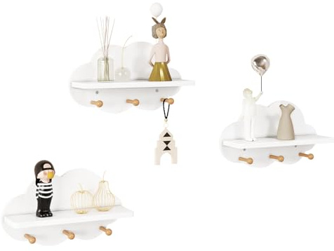 WOLTU Wolkenregal 3er Set Wandregal Weiß | Kinderzimmer; Kinder; 36x12x20,5 cm; Garderobenhaken