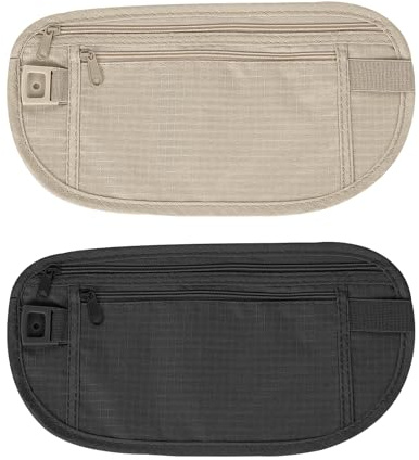 DODAMOUR Reise-Geldgürtel unter der Kleidung, versteckte Bauchtasche mit Reißverschluss, Reise-Gürteltasche für Reisepass, Bargeld, Geld, Kreditkarte, Schwarz, Khaki, 10.2 x 5.3