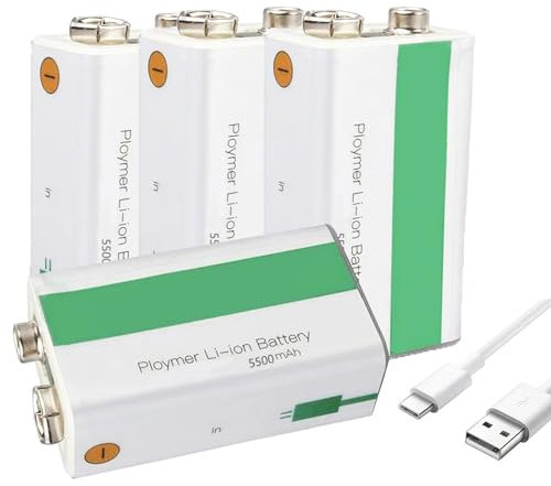 WILLQ Batería Recargable 5500mAh 9V batería de Iones de Litio USB de Larga duración 9 voltios con Cable de Carga para detectores de Humo/Teclado/alarmas/micrófono,9v5500mah 4pcs