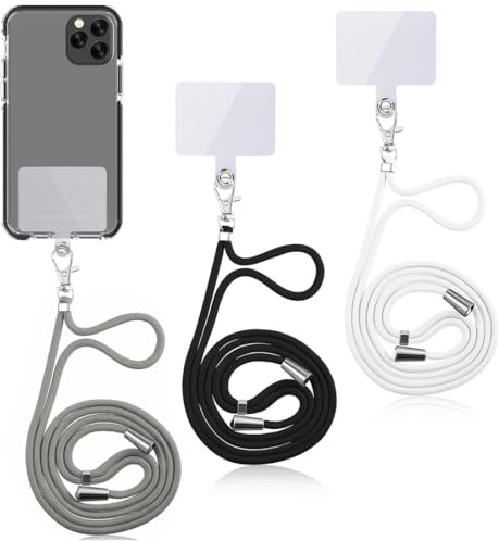 3er Set Handyketten Universal mit Band und abnehmbarem Karabiner - Praktisches Handyzubehör ohne Hülle: Handyband zum Umhängen und Tragen - Schwarz, Weiß und Grau - Länge: Handykette lang.