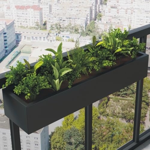 MOFGOE Fioriera con ringhiera in Metallo - Fioriera per Balcone - Scatole per Piante su Binario - Portapiante Rettangolare in Metallo, portavaso in Ferro, per Interni ed Esterni,Nero,120x20x13cm