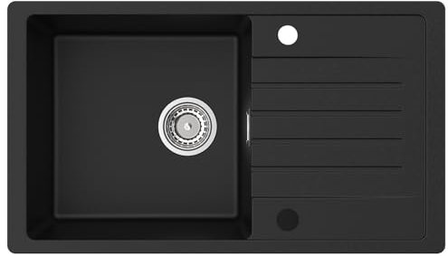 CECIPA Évier de cuisine noir, 78 x 45 cm, évier en granit réversible avec plan de travail, évier de cuisine comprenant siphon et trop-plein, évier de cuisine en quartz 80% encastrable pour meuble de