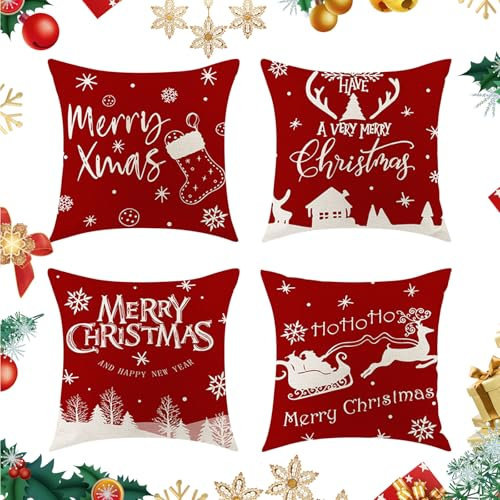 BRTNUP 4er Set Weihnachten Kissenbezüge, Leinen Kissenbezug 45x45 Rot, Weihnachtsbaum-Kissenhülle, Dekoration für Schlafzimmer Wohnzimmer Sofa Couch (Rot2)