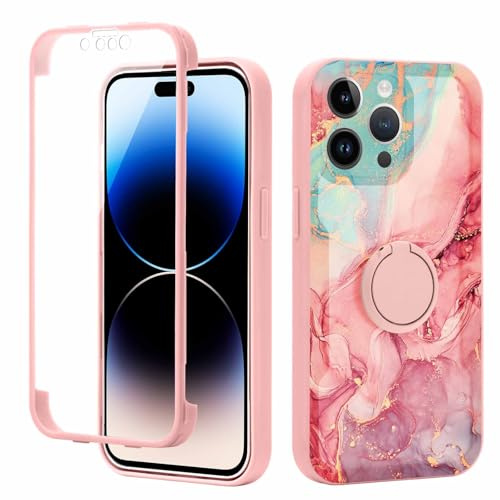 Yoedge Kickstand Phone Case for iPhone 13 Pro 6.1,360°Rotatable Magnetic Ring Holder Cases,Full Body Shockproof Silicone Cover with Built-in Screen Protector,Pink Marble Pattern for iPhone 13 Pro