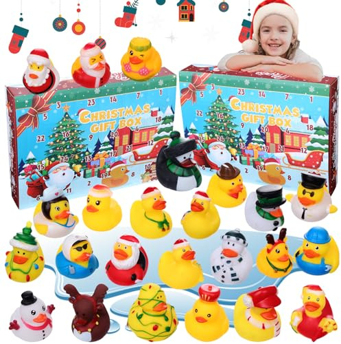 Adventskalender 2025 Weihnachts Ente Gummi Kinder 24 Tage Gummienten Quietscheenten Wasserspielzeug Jungen Mädchen Countdown Geschenkspielzeug Badespielzeug Dekoration (Gelb)