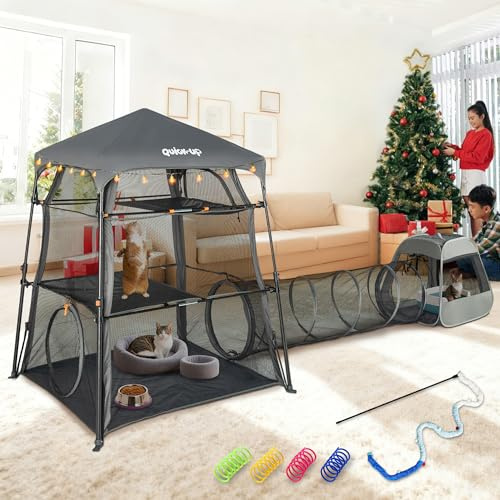 3 in 1 Portable Cat Enclosures with Tunnel & Cat House, Quick Setup Foldable Indoor Outdoor Cat Play Tent for Pet Families, Upgraded Stable Frame, Extra Large Space, Storage Bag + Cat Wand & Balls