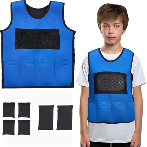 NEWFUN Gilet Lesté pour Enfants, Gilet de Poids pour Autisme ABR Hyperstimulation, ADHD, Troubles SPD SI, Poids Amovible (blue, S)