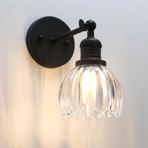 PathsOn 1-Light Wall Sconce, Industrial E27 Wall Light, Tulip Glass Shade Wall Lamp for Farmhouse Kitchen Bathroom (Black)