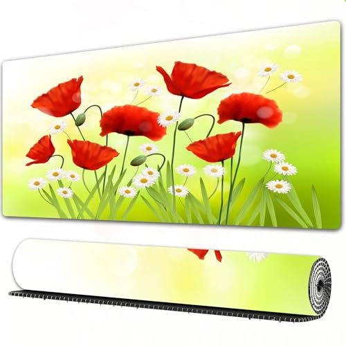 FEHWI Mauspad 75×40 cm Verlängertes großes Mauspad Schreibtischauflage,Mohnset, Frühlingsumgebung mit Mohnblumen und Gänseblümchen,genähte Kanten Gaming Mauspad,rutschfeste Gummibasis