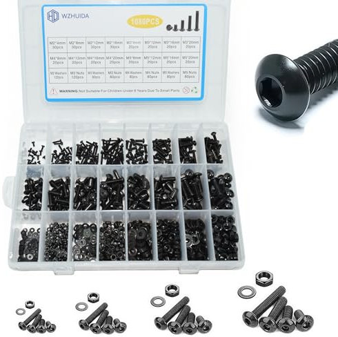 WZHUIDA 1080 Stück M2 M3 M4 M5 Schrauben Set, Schwarz Metrisch Linsenkopfschrauben Innensechskant Schrauben Muttern und Unterlegscheiben Sortiment Set, Gewindemaschinen Sechskantschrauben