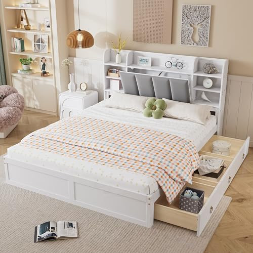 I0I&I0I Doppelbett, Stauraumbett mit DREI Schubladen auf Rollen, Offenes Regal, Klapptür-Stauraum, Kiefernholz+MDF, Velvet-Polsterung,Stabil und Modern (Weiß+Grau, 160x200cm)