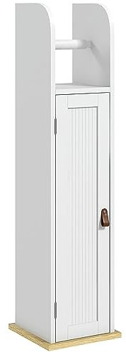 kleankin Columna de Baño Armario de Baño con Compartimento Abierto Puerta 2 Estantes Ajustables y Portarrollo Estilo Moderno 20x20x80 cm Blanco