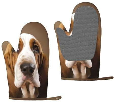 Basset Hound Oven Mitts Set of 2 Heat Resistant Silicone Oven Gloves with Soft Lining Non-Slip Kitchen Cooking Mitt Long Waterproof Potholders Kitchen Essentials