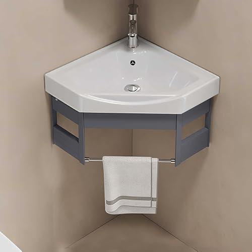 Pounjsd Mobile Angolare Mobile Bagno Con Lavabo, Mobile Bagno Angolare Sospeso Completo con Rubinetto, lavabo bagno con mobile, lavabo angolare 38 x 38cm, lavabo angolare roulotte, Grigio