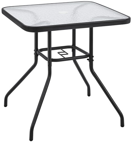 Yaheetech Square Patio Garden Dining Table, 70x70x73.5cm, Clear | Tempered Glass Top Bistro Table | With Firm Metal Frame | With Umbrella Hole | For Deck, Balcony, Backyard, Garden, Lawn
