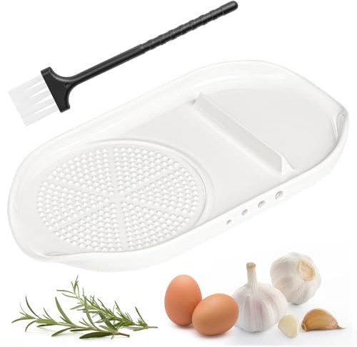 Luvan 4-in-1 Ceramic Garlic Grater Plate Spoon Rest Egg Cracker Herb Stripper Tool for Kitchen with Brush & Silicone Pad Spoon Holder for Stove Top Grinding Ginger Onion Spices Cheese Dishwasher Safe