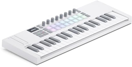 Novation Launchkey Mini 37 White MK4 USB-MIDI-Keyboard-Controller | USB, 37 Synth-Action-Minitasten, Weiß, 16 Pads mit polyphonem Aftertouch, OLED-Display, Scale/Chord Modes, Arpeggiator, MIDI