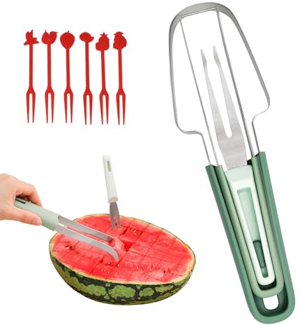LUMOOM 3-in-1 Wassermelonen Gabelschneider, Wassermelonen Schneider Edelstahl, Melonenschneider, Obstschneider für Wassermelone, Papaya, Cantaloupe (Grün)