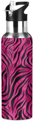 Woltant Bouteille d'eau isotherme en acier inoxydable avec paille - Motif zèbre rose - 600 ml - Pour le travail, les voyages, la salle de sport