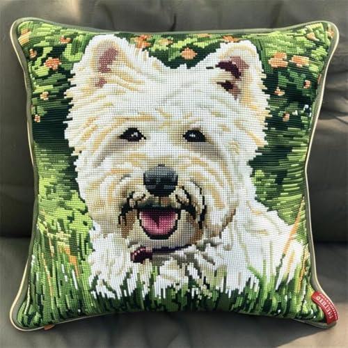 Kit De Cojín Con Gancho De Pestillo Kits De Costura De Fundas De Almohada Con Cachorro De Perro Westie Blanco Y Verde Hierba 43X43 Cm Kits De Hilo De Ganchillo Para Bricolaje Kits De Punto D